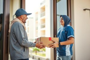 خدمة توصيل فوري في الإمارات - مندوب يسلم طرد خدمة توصيل فوري في الإمارات - مندوب يسلم طرد