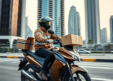 مندوب توصيل فوري دبي يقوم بتوصيل طرد بسرعة
