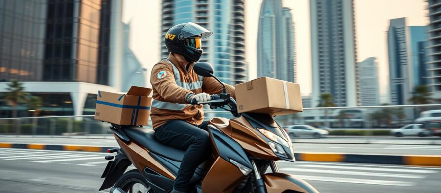 مندوب توصيل فوري دبي يقوم بتوصيل طرد بسرعة
